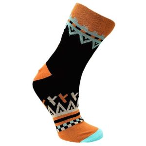 Black bamboo socks with and orange zig zag design across the toes and top