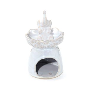 White ceramic elephant lotus flower oil burner with glossy finish and tealight holder opening