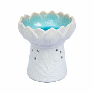 Blue lotus flower ceramic oil burner with a glossy turquoise bowl, sculpted petal design and embossed floral detailing, photographed on a clean white background. Handmade Fair Trade aromatherapy burner suitable for essential oils and wax melts.